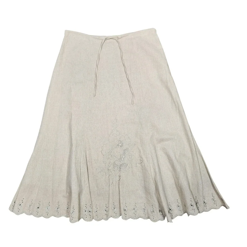 Vintage Y2K Linen Embroidered Eyelet Scalloped Midi Skirt Beige‎ Cottage Boho 12